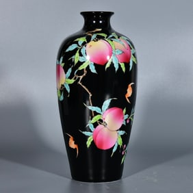 An Exquisite Black Glazed Enamel Bats and Peach Pattern Vase