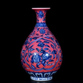 A Rare Blue and White Ruby Red-Glazed Flower and Fruit Pattern Vase