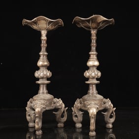 A Pair of Rare Silver-plated Copper Lotus Pattern Beast-legs Candlesticks