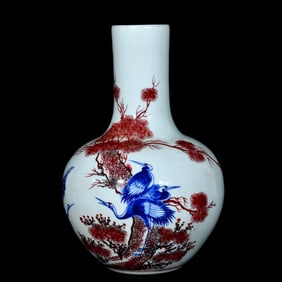 A Rare Blue and White Underglaze-Red Pine and Crane Pattern Vase
