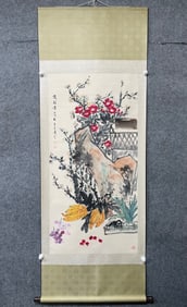 A Chinese Vertical Scroll Ink Painting of Flower and Fruit on Paper,Wang Xuetao