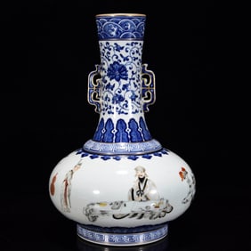 A Rare Blue and White Ink Color Painted Gold Figure Pattern Double-Ears Vase