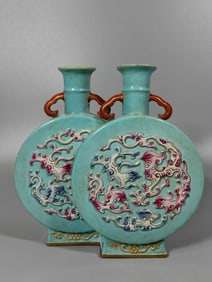 An Exquisite Turquoise Glazed Painted Gold Dragon Pattern Double-Ears Vase