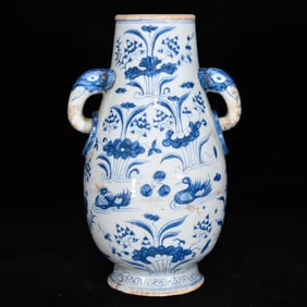 An Exquisite Blue and White Mandarin Duck Pattern Elephant-Ears Vase