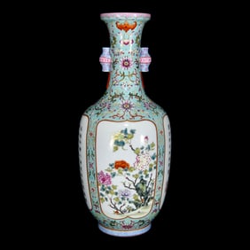 A Rare Famille-Rose Painted Gold Flower and Bird Pattern Double-Ears Vase