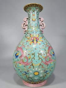 A Rare Famille-Rose Turquoise Ground Lotus and Dragon Pattern Dragon-Ears Vase