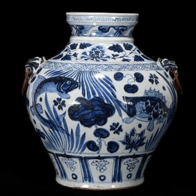 A Rare Blue and White Fish and Algae Pattern Beast-Ears Jar