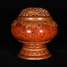 An Exquisite Imitation Wood Grain Glazed Gilt Flower and Bats Pattern Censer