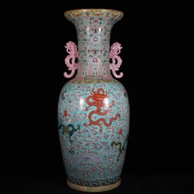 A Huge Famille-Rose Turquoise Ground Painted Gold Auspicious Cloud and Dragon Pattern Dragon-Ears