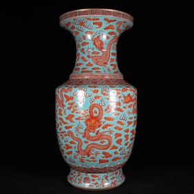 A Huge Turquoise Ground Iron-Red Glazed Painted Gold Auspicious Cloud and Dragon Pattern Vase
