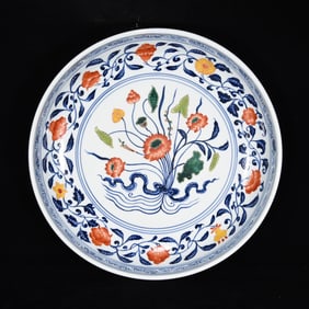 A Huge Blue and White Wucai Lotus Pattern Plate