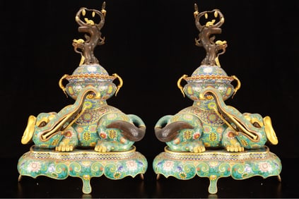 A Pair Huge Cloisonne Lotus Pattern Elephant-Shaped Censer