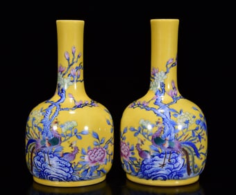 A Pair of Exquisite Yellow Glazed Famille-Rose Flower and Bird Pattern Vases