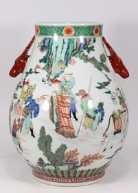 A Huge Wucai Character and Story Pattern Deer-Ears Vase