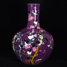A Huge Famille-Rose Purple Glazed Flower and Bird Pattern Vase