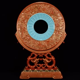 A Huge Iron-Red Glazed Painted Gold Dragon?Bats and Peach Pattern Table Screen
