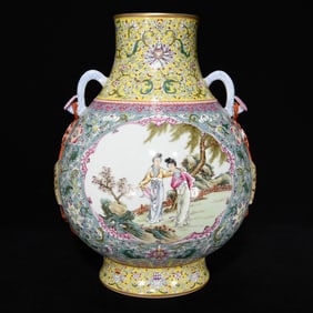 A Rare Famille-Rose Painted Gold Lotus,Character and Story Pattern Ruyi-Ears Vase