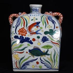 A Huge Blue and White Wucai Fish and Algae Pattern Double-Ears Vase