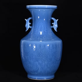 A Huge Blue Glazed Flower Pattern Double-Ears Vase