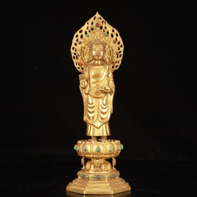 A Rare Gilt Bronze Buddha Statue,Inlaid Gems