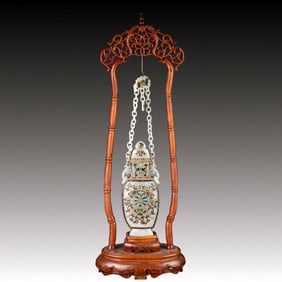 A Huge White Jade Bottle,Inlaid Filigree, With Boxwood Base
