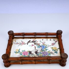 An Exquisite Huali wood Inlaid Porcelain Plaques Flower and Bird Pattern End Table