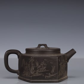 An Exquisite Purple Sands Landscape Pattern Teapot, With poem