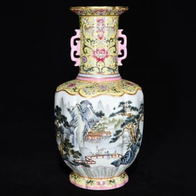 A Rare Famille-Rose Painted Gold Landscape and Figure Pattern Double-Ears Vase,With Poem