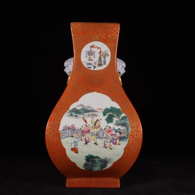 A Rare Famille-Rose Iron-Red Glazed Painted Gold Character and Story Pattern Beast-Ears Vase