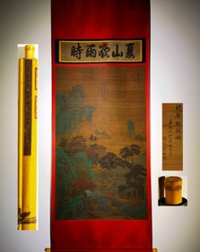 A Chinese Vertical Scroll Ink Painting of Landscape and Figure on Silk,Liu Songnian
