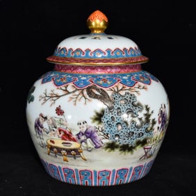 An Exquisite Enamel Painted Gold Character and Story Pattern Cover Jar,With Poem