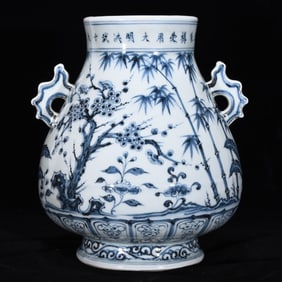 An Exquisite Blue and White Pine, Bamboo and Plum Blossom Pattern Double-Ears Vase