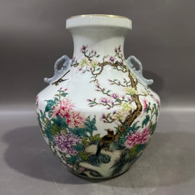 An Exquisite Famille-Rose Painted Gold Flower and Bird Pattern Double-Ears Vase,With Poem