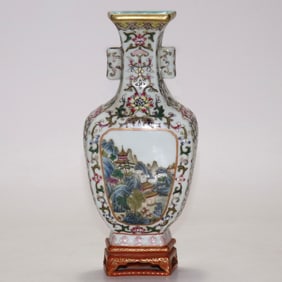 An Exquisite Famille-Rose Painted Gold Lotus and Landscape Pattern Double-Ears Vase