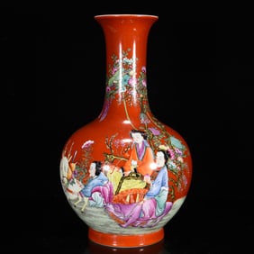 A Rare Red Ground Famille-Rose Character and Story Pattern Vase
