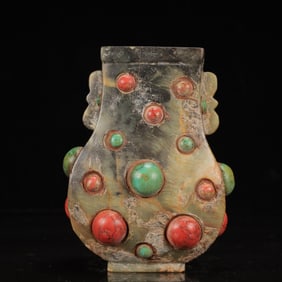 An Archaic Hongshan Culture Yellow Jade Double-Ears Vase,Inlaid Gems