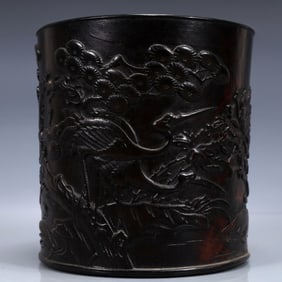 An Exquisite Zitanwood Pine and Crane Pattern Brush Pot