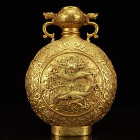 An Exquisite Gilt Bronze Lotus and Dragon Pattern Double-Ears Vase