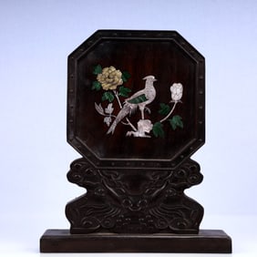 A Rare Zitanwood Inlaid Gems Flower and Bird Pattern Screen