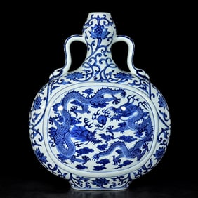 A Huge Blue and White Lotus,Auspicious Cloud and Dragon Pattern Double-Ears Vase