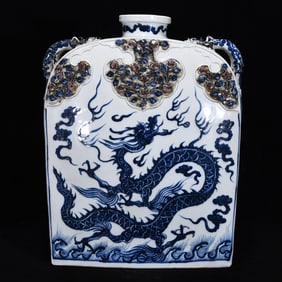 A Rare Blue and White Underglaze-Red Auspicious Cloud and Dragon Pattern Vase