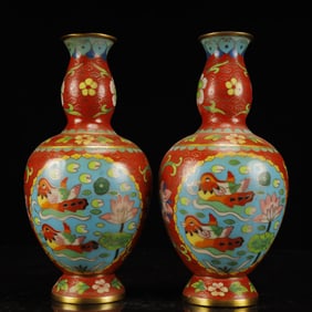 A Pair of Ecmxquisite Cloisonne Mandarin Duck Lotus Pattern Vases