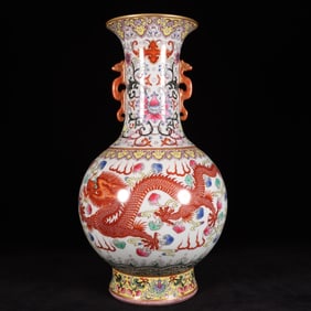 A Rare Famille-Rose Iron-Red Glazed Painted Gold Auspicious Cloud and Dragon Pattern Dragon-Ears