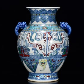 A Rare Doucai Beast-Face Pattern Beast-Ears Vase