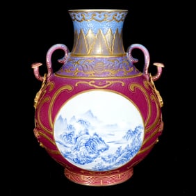 A Rare Ruby Red-Glazed Blue Color Painted Gold Landscape Pattern Ruyi-Ears Vase