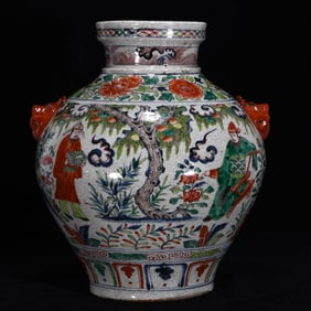 A Rare Blue and White Wucai Character and Story Pattern Beast-Ears Jar