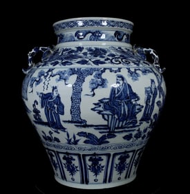 A Rare Blue and White Character and Story Pattern Double-Ears Jar