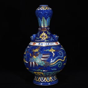A Rare Blue Glazed Wucai Painted Gold Auspicious Cloud and Phoenix Pattern Vase