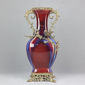 A Huge Flambe Glazed Inlaid Bronze Flower and Bird Pattern Double-Ears Vase