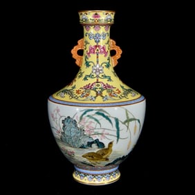 A Rare Famille-Rose Painted Gold Flower and Bird Pattern Double-Ears Vase,With Poem